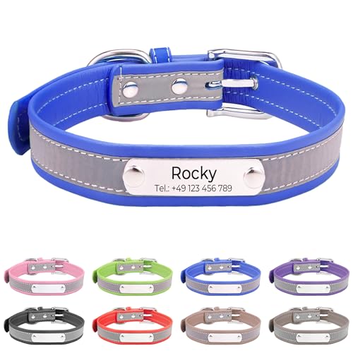 Reflektierend Halsband für Hunde aus Leder Personalisierte Hundehalsband mit Namen Gravur Blau Halsband mit Namenschild für den großen, mittleren Hund,Hundehalsbänder XL von Buruslove