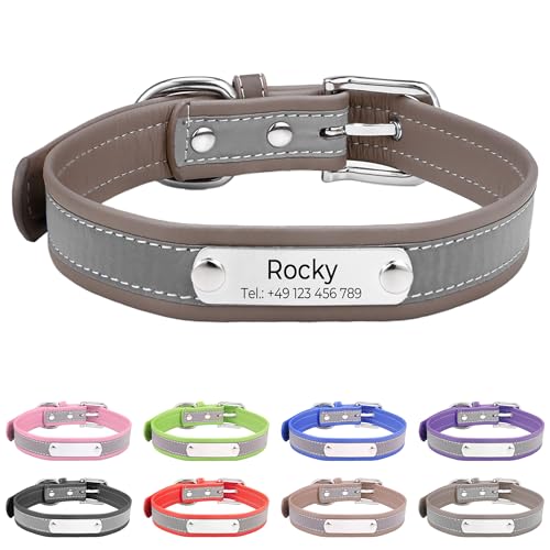 Reflektierend Halsband für Hunde aus Leder Personalisierte Hundehalsband mit Namen Gravur Dunkelblau Halsband mit Namenschild für Welpen Katze, Hundehalsbänder XS von Buruslove