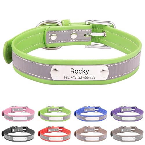 Reflektierend Halsband für Hunde aus Leder Personalisierte Hundehalsband mit Namen Gravur Grün Halsband mit Namenschild für Welpen Katze, Hundehalsbänder XS von Buruslove