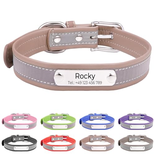 Reflektierend Halsband für Hunde aus Leder Personalisierte Hundehalsband mit Namen Gravur Hellbraun Halsband mit Namenschild für Welpen Katze, Hundehalsbänder XS von Buruslove