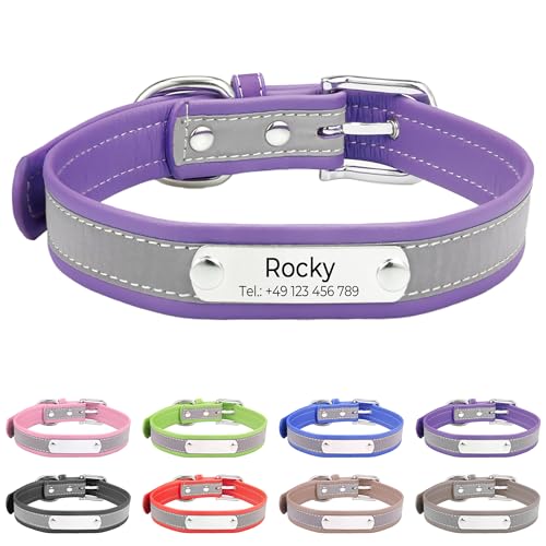 Reflektierend Halsband für Hunde aus Leder Personalisierte Hundehalsband mit Namen Gravur Lila Halsband mit Namenschild für den großen, mittleren Hund,Hundehalsbänder XL von Buruslove