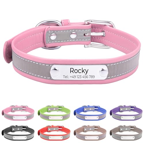 Reflektierend Halsband für Hunde aus Leder Personalisierte Hundehalsband mit Namen Gravur Rosa Halsband mit Namenschild für den großen Hund,Hundehalsbänder XXL von Buruslove