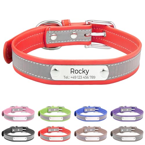 Reflektierend Halsband für Hunde aus Leder Personalisierte Hundehalsband mit Namen Gravur Rot Halsband mit Namenschild für Welpen Katze, Hundehalsbänder XS von Buruslove