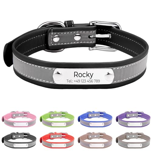 Reflektierend Halsband für Hunde aus Leder Personalisierte Hundehalsband mit Namen Gravur Schwarz Halsband mit Namenschild für den mittleren Hund,Hundehalsbänder M von Buruslove