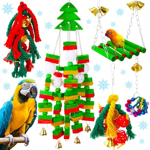 Buryeah Papageienspielzeug aus natürlichem Holz, Weihnachtsvogelspielzeug, großes Vogelspielzeug mit mehrfarbigen natürlichen Holzblöcken, Vogelkaustäbchen, Spielzeug für Aras, afrikanische graue von Buryeah