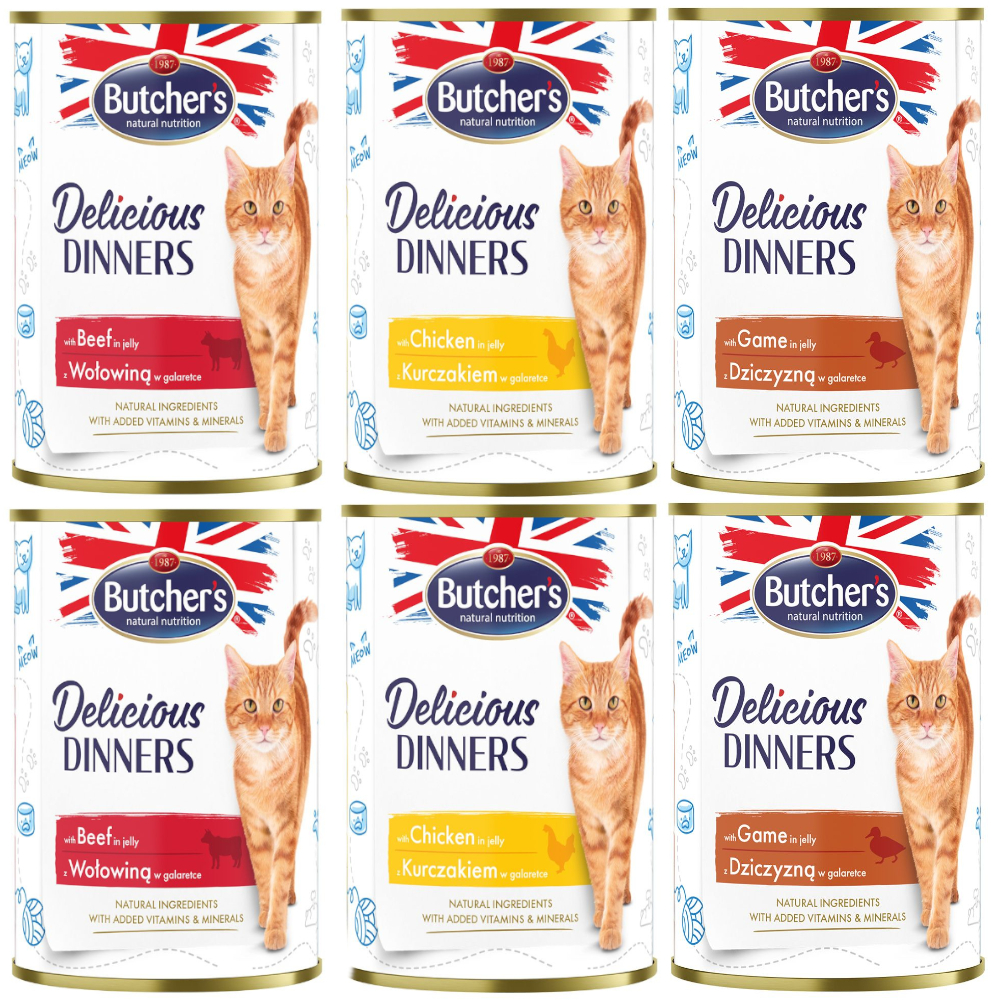 Butcher's Delicious Dinners Katze 6 x 400 g - Mixpaket (3 Sorten) von Butcher's