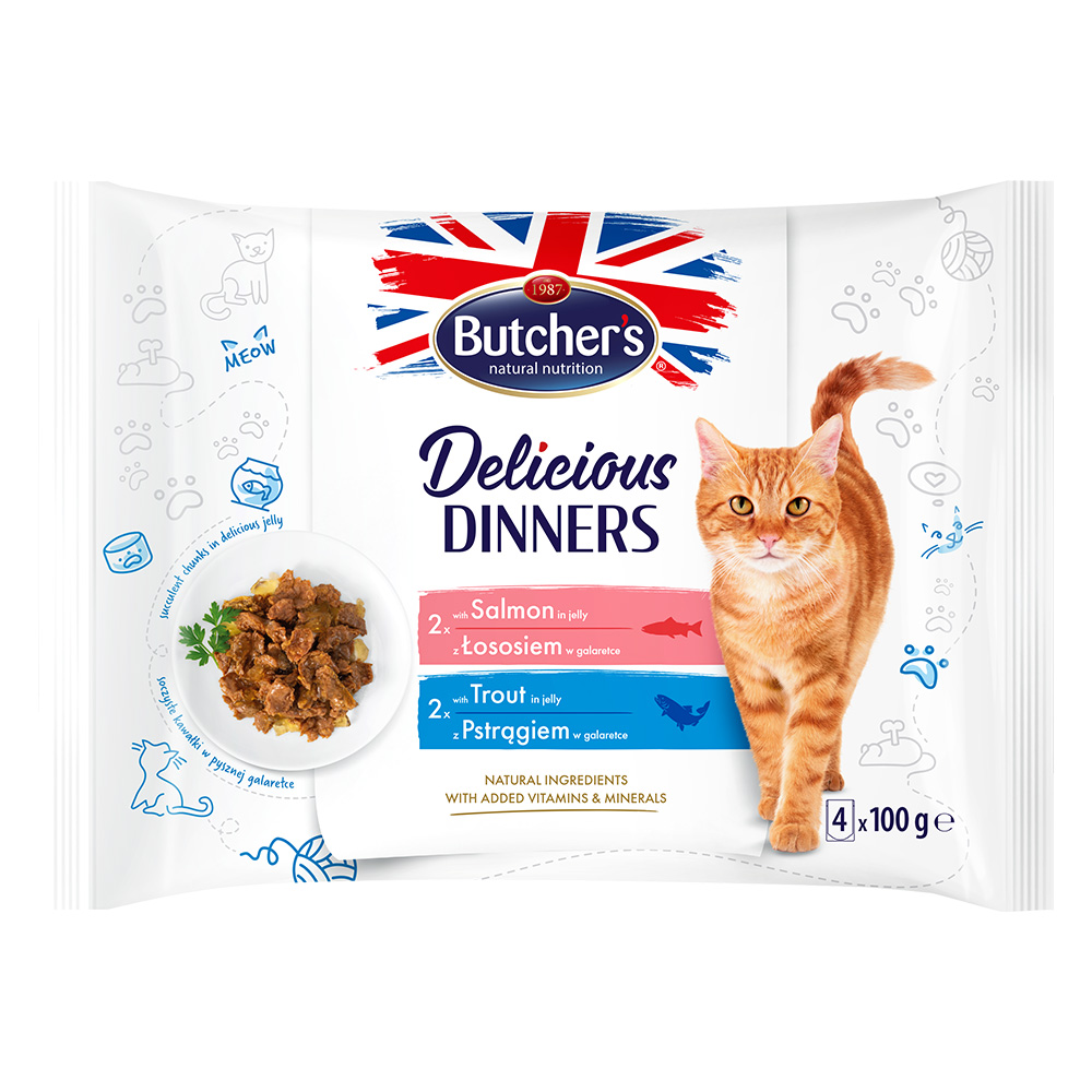 Megapack Butcher's Delicious Dinners Katze 64 x 100 g - Mix: Lachs, Forelle von Butcher's