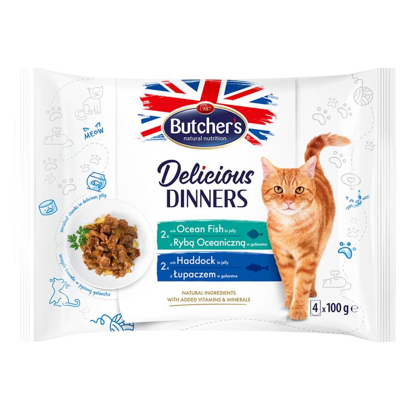 Megapack Butcher's Delicious Dinners Katze 64 x 100 g - Mix: Meeresfisch, Schellfisch von Butcher's