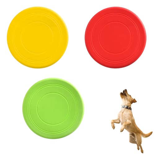 Hund Scheibe, Hunde Frisbees, Hundefrisbee Scheibe, 17.8cm Gummi Frisbee,Hundespielzeug Frisbee, Hundespielzeug Flying Disc für Land und Wasser, Training, Werfen, Fangen, Spielen (Rot, Gelb, GrüN) von Butyeak