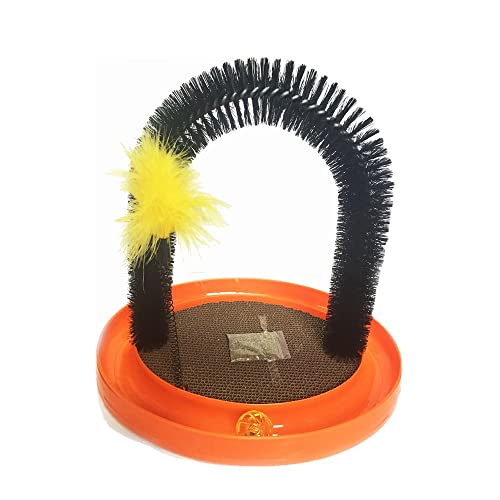 Buyter 4 in 1 Selbst Grooming Massager Katze Bogen Borste Ringbürste mit hängenden Feder Catnip Spielzeug, Captive Ball, abnehmbare Karton Kratzer (Orange) von Buyter