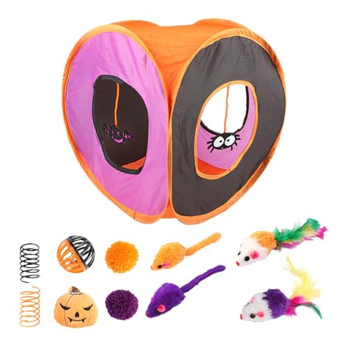 Bvizyelck Katzenspielzeug für den Innenbereich, Kitten Starter Kit Bundle | Interaktives Katzenspieltunnel-Spielzeugset | Halloween-Katzen-Federstab, Ball, Frühlingsmäusespielzeug, faltbares von Bvizyelck