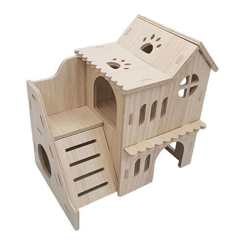 Bvizyelck Schloss für Meerschweinchen,Hamster-Versteckhaus,Fun House Doppeldeckerhütte mit Kletterleiter | Holz-Kleintier-Aktivitätsspielzeug vergrößert für Meerschweinchen, Zwergmäuse von Bvizyelck