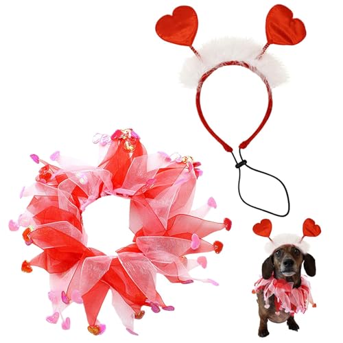 Bvizyelck Valentinstag-Haustier-Outfit,Hunde-Valentinstag-Kleidung | Rotes Herz-Stirnband und Halsband für Haustiere | Valentinstag-Tierhaar-Accessoires, Haustier-Feiertags-Outfit-Accessoire für den von Bvizyelck