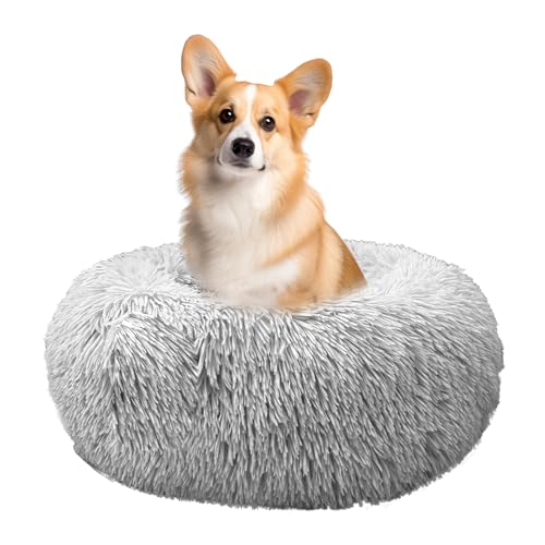 Beruhigendes Deluxe-Hundebett für kleine, mittelgroße Hunde und Katzen, Anti-Angst, Donut-Kuschelbett, gemütlich, warm, weich, flauschig, Kunstfell, rund, Hellgrau, Größe M (71,1 x 71,1 x 25,4 cm) von Bwanaz