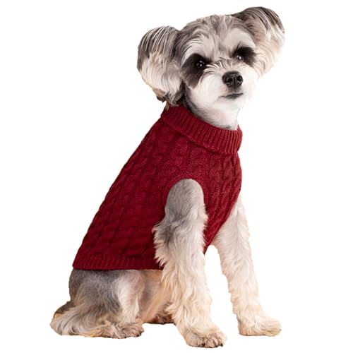 Pullover für kleine Hunde, kaltes Wetter, Zopfmuster, klassischer Rollkragen, dick, warme Kleidung für Chihuahua, Bulldogge, Dackel, Mops, Yorkie (Rot, XS) von Bwealth