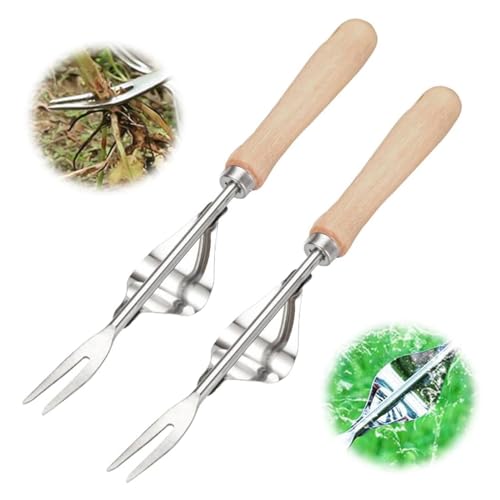 Bxjinkele Wurzeljäter mit Holzgriff, Unkrautstecher Edelstahl, Handjätgerät für den Garten, Gartenarbeit Hand Unkrautstecher, Unkrautjäter Handbetätigt, Manueller Weeder zum Graben,Jäten,Lösen (2Pcs) von Bxjinkele