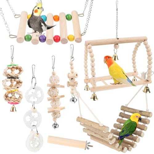 Byffoer Holzspielzeug für Wellensittiche, 8 Stück Naturholz Lovebird Hängende Schaukel Spielzeug mit Glocken für alle Papageien und Vogel kaut von Byffoer