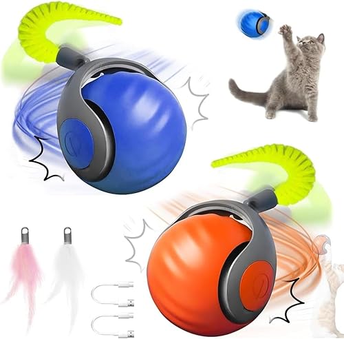 Interaktiver Spielball mit Schwanz für Katzen, 2 PCS Interaktiver Spielball für Katzen,Interaktiver Ball Katze,Katzenspielzeug Elektrisch Ball Interaktiv,360° Rolling Smart Ball FüR Katzen Und Hunde von Byffoer