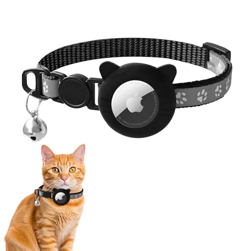 Airtag Katzenhalsband,Airtag Halsband Katze Reflektierend,GPS Tracker Katze Mit Sicherheitsverschluss Glocke Katzenhalsbänder,Verstellbar Halsband Katze Mit Apple Airtag Hülle (Wasserdicht, 21-34cm) von CAIHINIER