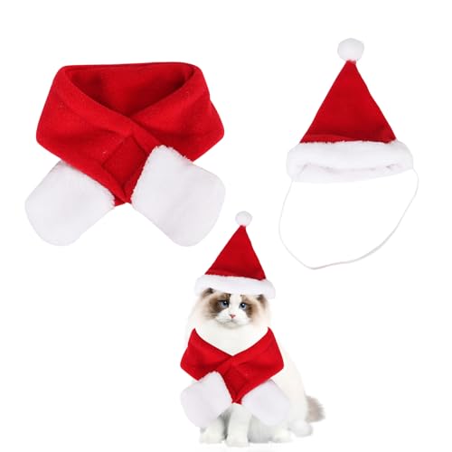 2 Stück Katzenkostüm Weihnachten,Weihnachtsmütze Katze Katzen Haustier Kostüm Hund Weihnachtskostüm Hunde Weihnachts Hundekostüm,Schal Mit Mütze Set Kleidung Christmas,für Haustiers Weihnachtsschmuck von CAIKAILIOR