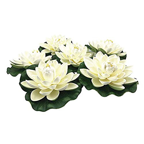 CAIONPLE 6 StüCke KüNstliche Schwimm Schaum Lotus Blumen, mit Seerose Pad Ornamente, Elfenbein Weiß, Perfekt für Patio Teich Pool Aquarium Hausgarten Hochzeit Urlaub Dekoration von CAIONPLE