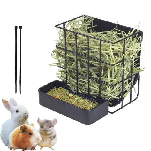 Kaninchenheun-Futterstation mit Haken, robuster Metallrahmen, für Kaninchen, Meerschweinchen, Chinchillas, mit zwei multifunktionalen Reißverschlüssen – 17 x 17 cm von CAIQINLI