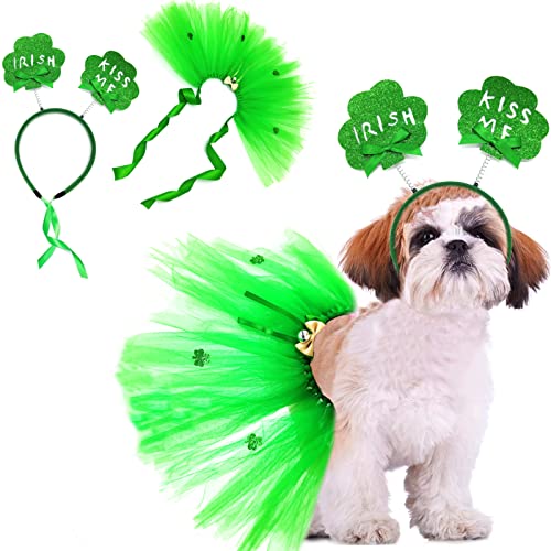 2 Stück St. Patrick's Day Hundekostüm Grün Tutu Rock Kleeblatt Stirnband Haustier Kleidung Irisches Outfit Kleid Supplies Klee Welpen St Patrick Kostüm für kleine mittelgroße Hunde Haarreifen Zubehör von CAISANG