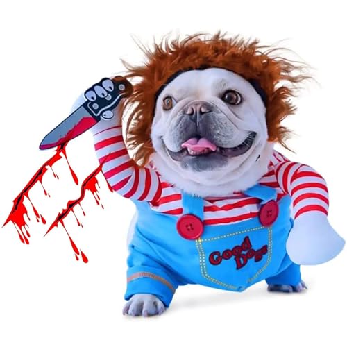 CAISANG Hunde-Halloween-Kostüm, gruselige tödliche Puppe, Neuheit, Hundeperücke, Kleidung, Halloween-Katze, Chucky-Kostüme, lustige Weihnachten, Halloween, Cosplay, Party-Outfits für mittelgroße und große Hunde, gruselige coole Bekleidung von CAISANG