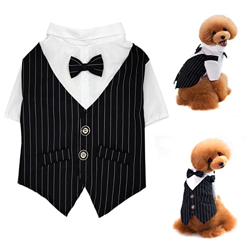 Gestreiftes Hunde-Smoking-Shirt, formeller Anzug, Fliege, Kostüm, stilvolle Haustier-Hochzeits-Shirts, Hundeprinz, Hochzeit, Hemd, Gentleman, Bekleidung, Welpen, Sommer, dünne Outfits von CAISANG