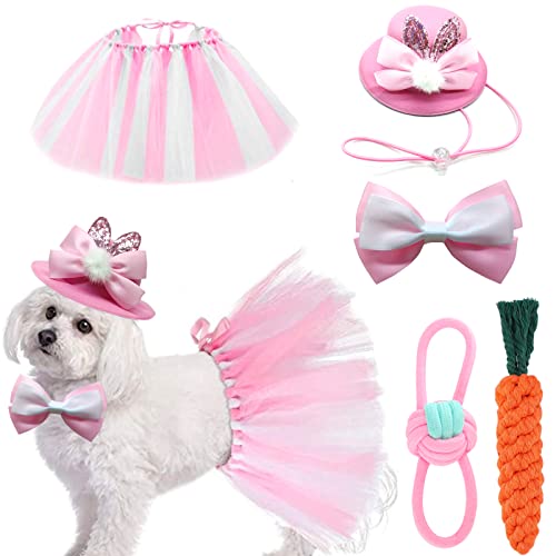 Hunde-Osterhasen-Kostüm, 5 Stück, niedliche Kaninchenohren, Osterkleid, Welpen, Karottenspielzeug, Set mit Fliege, Hasen-Outfits für mittelgroße Hunde, Ostern, Hochzeit, Kleidung (Rosa und Weiß) von CAISANG