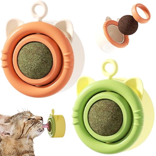 CAKEEYUM Katzenfischkugeln, die an der Wand 2pcs katzesförmiger 360 ° rotatierbarer Katzenminzenkugel Austauschbares Katzenminister-Spielzeug für Katzen zur Zähnereinigung, Spannungsablösung von CAKEEYUM