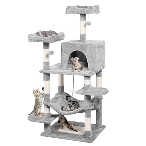 CALIYO Kratzbaum, Cat Tree 147cm Hoch, PlüSch Kratzbaum Katze Mit 8 KratzbäUmen 1 Katzenkratzbrett, 2 Plattformen, 1 KatzenhöHle HäNgematte, 2 PlüSchbäLlen, Mehrstufiger Katzenkratzbaum-Design von CALIYO