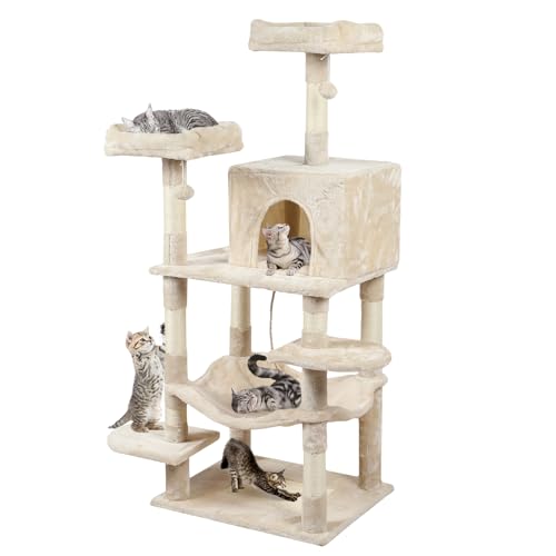 CALIYO Kratzbaum, Cat Tree 147cm Hoch, PlüSch Kratzbaum Katze Mit 8 KratzbäUmen 1 Katzenkratzbrett, 2 Plattformen, 1 KatzenhöHle HäNgematte, 2 PlüSchbäLlen, Mehrstufiger Katzenkratzbaum-Design von CALIYO