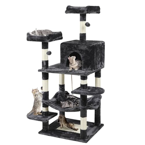 CALIYO Kratzbaum, Cat Tree 147cm Hoch, PlüSch Kratzbaum Katze Mit 8 KratzbäUmen 1 Katzenkratzbrett, 2 Plattformen, 1 KatzenhöHle HäNgematte, 2 PlüSchbäLlen, Mehrstufiger Katzenkratzbaum-Design von CALIYO