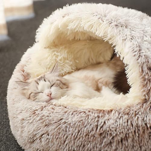 2 in 1 Katzenbett Flauschiges katzenhöhle, Waschbares Tierbett Winter Geschlossen Katzenkissen, Körbchen Schlafplatz für Katzen klein Hunde bequem schlafen und kuscheln von CALLOVE