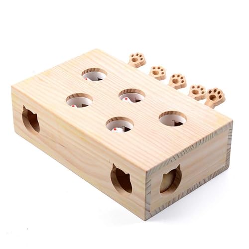 CALLOVE Interaktives Katzenspielzeug, Holz, Spielzeug, Maulwurf Maus, Puzzle Box mit süßen Cartoon Spielzeugen für Katzen, Jagd, Spielen, Trainieren, Kratzen – 5 Löcher,A von CALLOVE