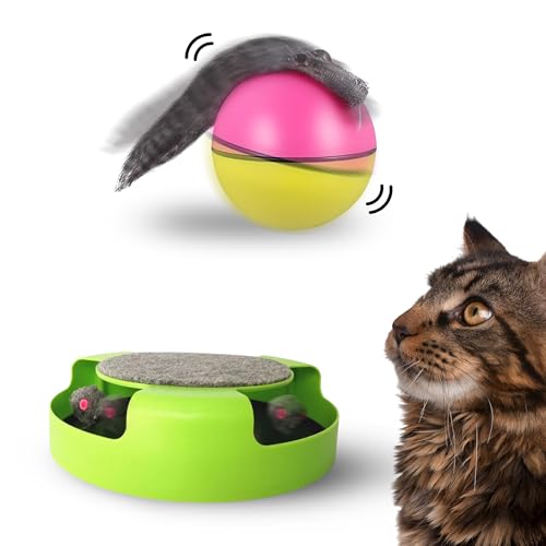 CALNESI Katzenspielzeug-Set, interaktives Katzenspielzeug fängt Maus und beweglicher Ball, der sich alleine mit Frettchenschwanz bewegt, Katzenspielzeug für garantierten Spaß und körperliche von CALNESI