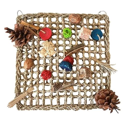 CAMITER Vogelspielzeug, Papageienspielzeug, Vogelfutter-Wandspielzeug mit Haken zum Aufhängen, essbare Seegras-gewebte Kletter-Hängematte mit buntem Kauspielzeug, 30 x 30 cm von CAMITER