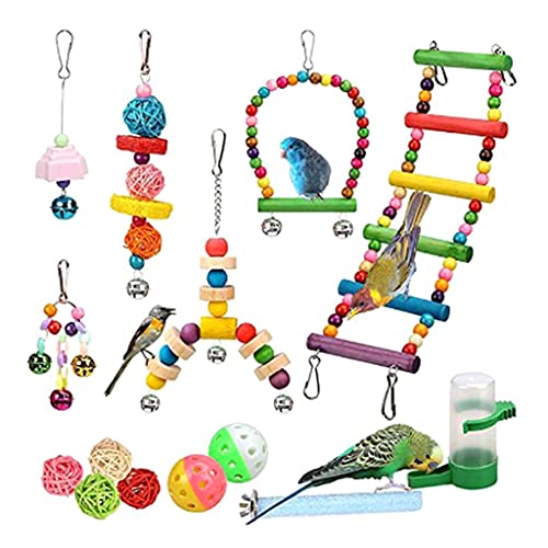 CANNXI Vogelspielzeug, 14-teiliges Vogel-Set, Papageien-Schaukel, Spielzeug, bunt, zum Kauen und Hängen, Hängematte, Leiter, Bewässerung für Conure Mynah Lovebird von CANNXI