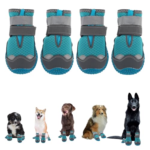 CAPASTEC Hundeschuhe Pfotenschutz 4 Stück Hunde Schuhe Anti-Rutsch atmungsaktiv mit reflektierendem verstellbarem Klettverschluss für kleine mittlere große Hunde Seeblau 4#, Breite 5cm von CAPASTEC