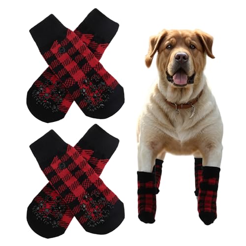 CAPASTEC 4 Stück Hundesocken Anti Rutsch mit verstellbaren KlebeBändern, Pfotenschutz Hund Antirutschsocken Hunde Socken für im Innenbereich im Freien Rot, L (7.5 x 18 cm) von CAPASTEC