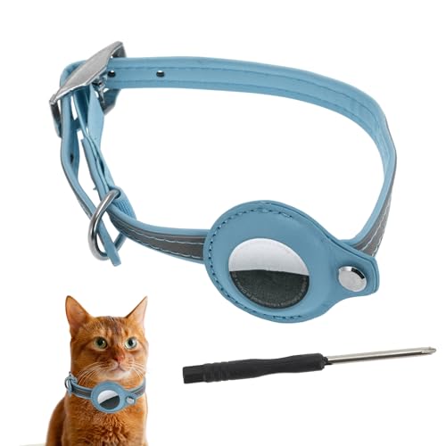 CAPASTEC Katzenhalsband, reflektierendes Kätzchenhalsband, PU-Katzenhalsband mit Halter für Airtag, verstellbares Halsband mit Legierungsschnalle für Katzen und Welpen, Medium, Blau von CAPASTEC