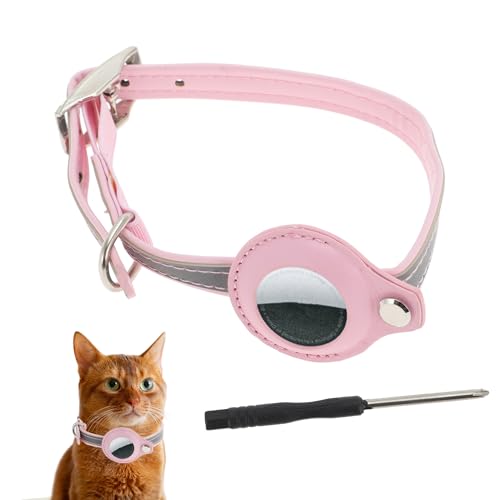 CAPASTEC Katzenhalsband, reflektierendes Kätzchenhalsband, PU-Katzenhalsband mit Halter für Airtag, verstellbares Halsband mit Legierungsschnalle für Katzen und Welpen, Medium, Pink von CAPASTEC