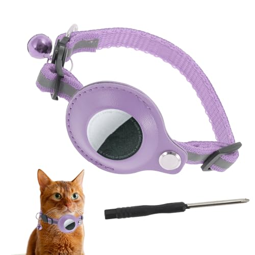 CAPASTEC Katzenhalsband, reflektierendes Kätzchenhalsband, Polyester-Katzenhalsband mit Halterung für Airtag und Glocke, verstellbares Halsband für Katzen und Welpen, 22-23cm, Lila von CAPASTEC