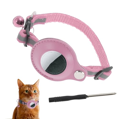 CAPASTEC Katzenhalsband, reflektierendes Kätzchenhalsband, Polyester-Katzenhalsband mit Halterung für Airtag und Glocke, verstellbares Halsband für Katzen und Welpen, 22-23cm, Pink von CAPASTEC