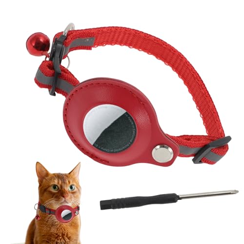 CAPASTEC Katzenhalsband, reflektierendes Kätzchenhalsband, Polyester-Katzenhalsband mit Halterung für Airtag und Glocke, verstellbares Halsband für Katzen und Welpen, 22-23cm, Rot von CAPASTEC