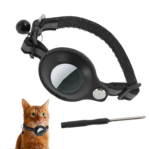 CAPASTEC Katzenhalsband, reflektierendes Kätzchenhalsband, Polyester-Katzenhalsband mit Halterung für Airtag und Glocke, verstellbares Halsband für Katzen und Welpen, 22-23cm, Schwarz von CAPASTEC