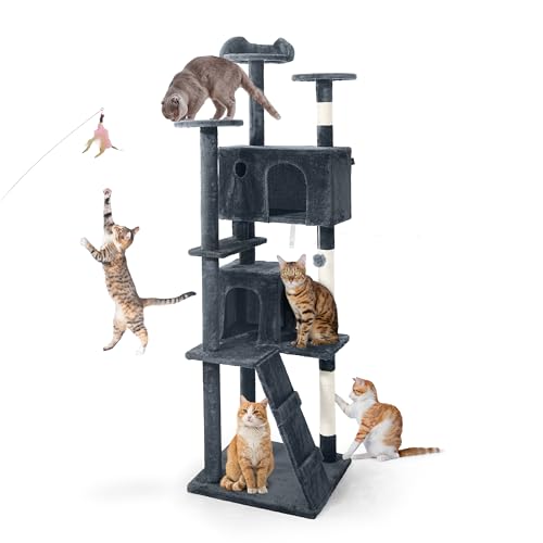 CAPHAUS Katzenturm für drinnen mit Katzenstab-Spielzeug, moderner niedlicher 188 cm Katzenbaum mit verbreiterter Sitzstange für große Katzen, Kätzchen, mehrstufiger Katzenaktivitätsbaum mit von CAPHAUS