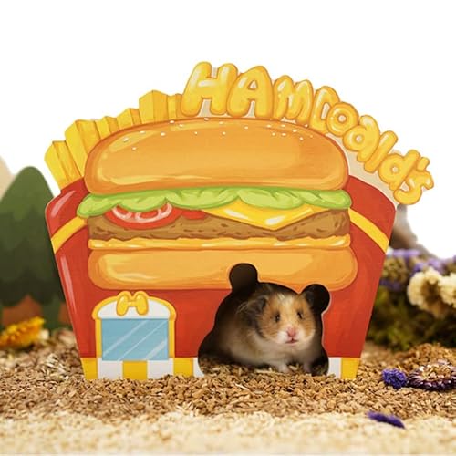 Hamsterversteck Cartoon Hamburger & Pommes Pommes Muster Holzversteck Zuhause für Zwerghamster, Ratte, Rennmäuse, Syrisch, Mäuse, Holzhammer Hideaway, Hamsterkäfig Zubehör von CAREUPET