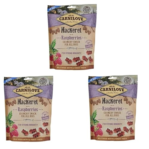 Carnilove Crunchy Mackerel with Raspberrie | 3er Pack | 3 x 200 g | Snack für Hunde | Mit frischem Fleisch | Getreide- und Kartoffelfrei | Mit hochwertigen Omega-3-Fettsäuren von CARNILOVE